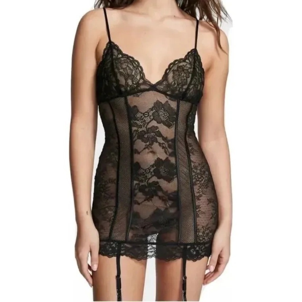 VICTORIA'S SECRET Sz L Black Lace Lingerie Babydoll Slip Chemise Garter Straps